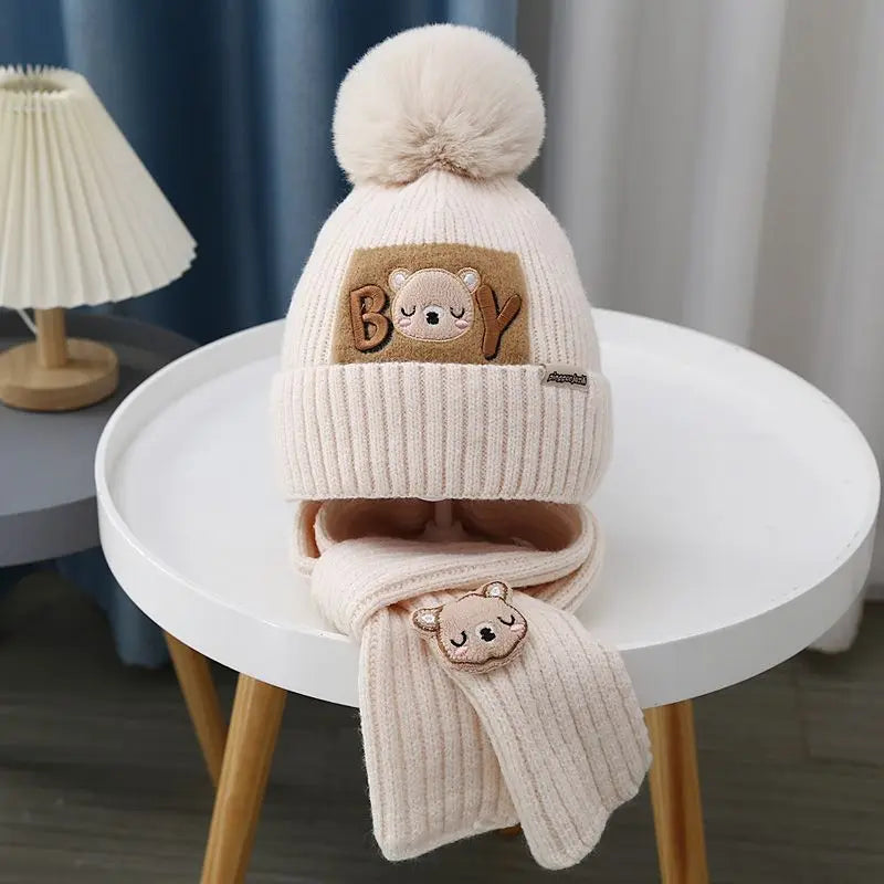 Cute Bear Baby Knit Hat Scarf Winter Warm Woolen Beanie Cap for Kids Boy Girl Cartoon Pullover Hats