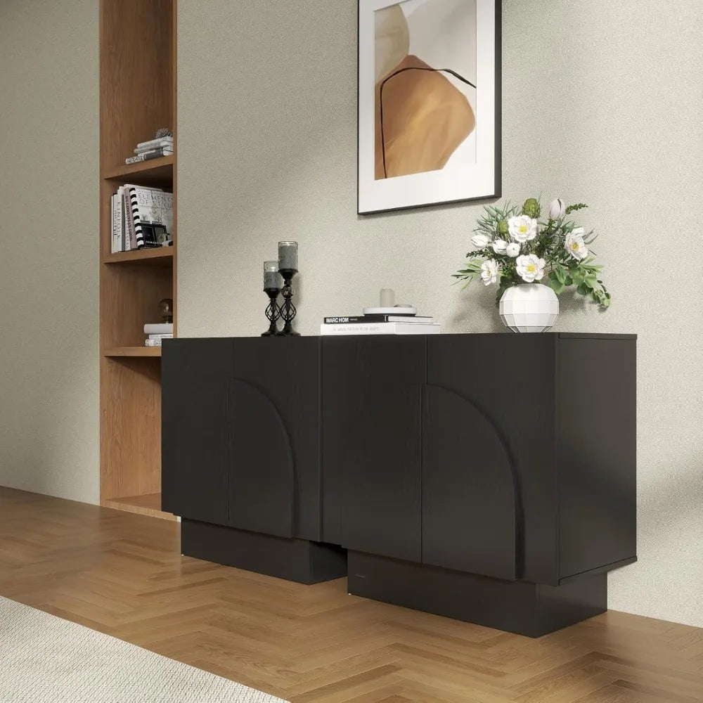 Black Sideboard Buffet Cabinet with Storage, Modern Accent Under The Stairs Cabinet with Arched Doors, Wooden Media Console Tabl