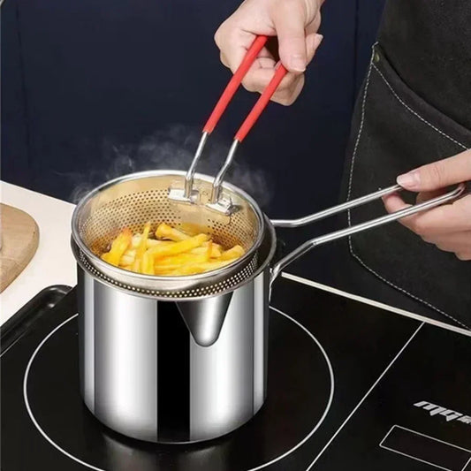 stainless steel fryer with French fries and chicken wings, small oil pot with filter screen