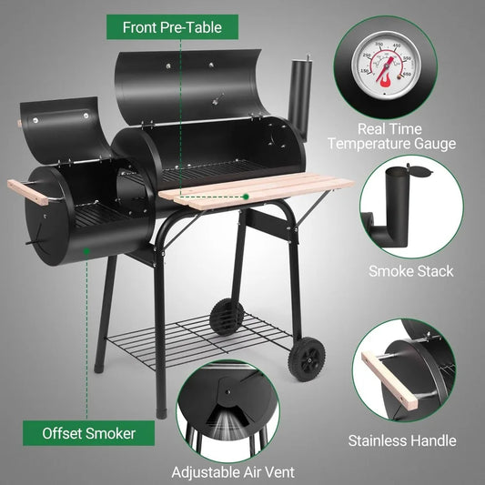 Outdoor BBQ Charcoal Grill with Offset Smoker, Wheels & Tray for Patio, Camping & Parties