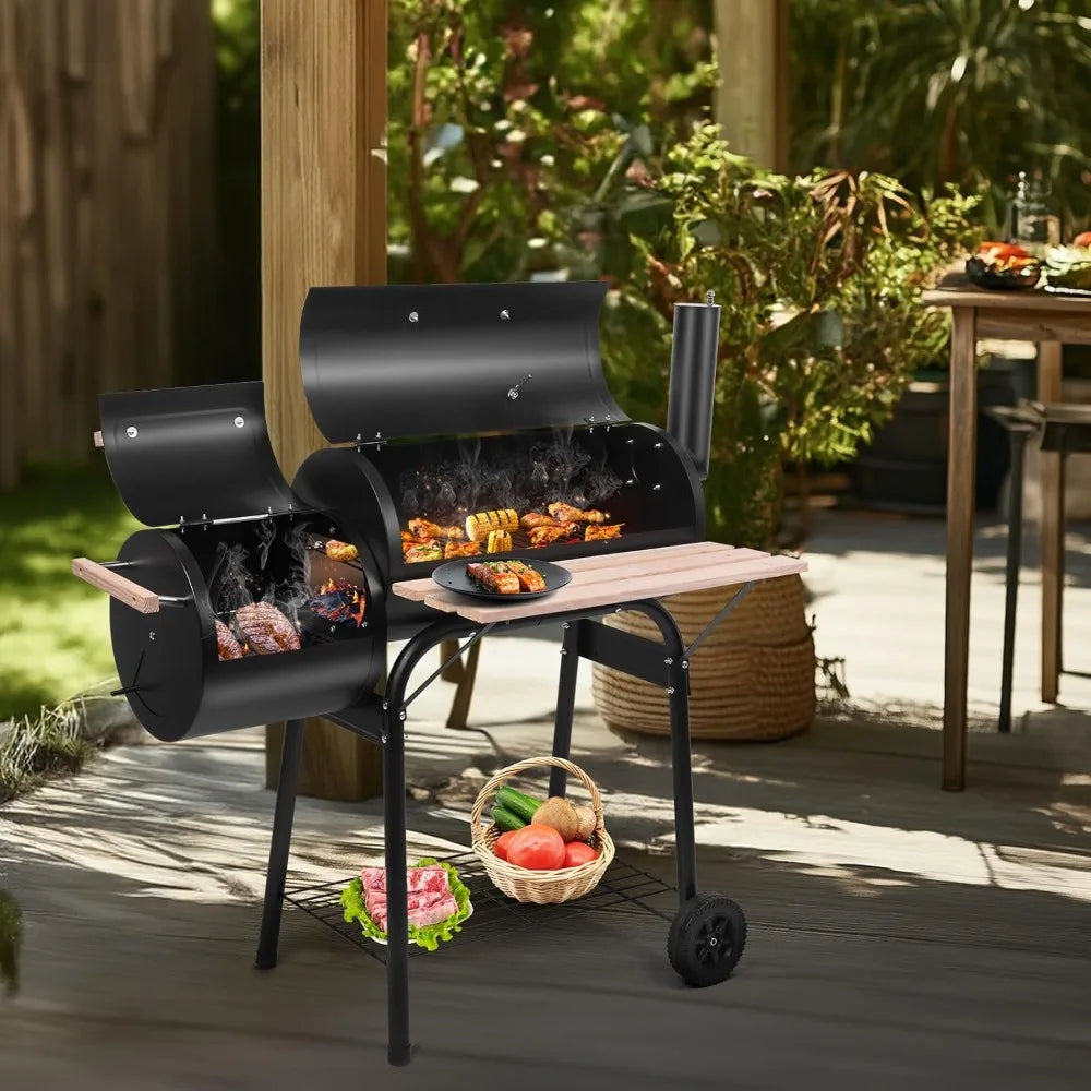 Outdoor BBQ Charcoal Grill with Offset Smoker, Wheels & Tray for Patio, Camping & Parties