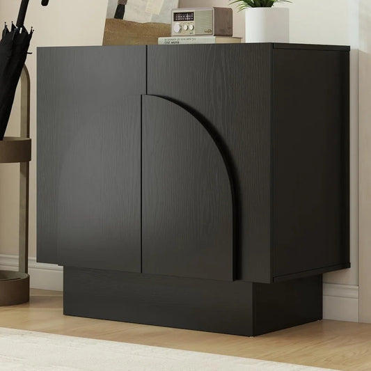 Black Sideboard Buffet Cabinet with Storage, Modern Accent Under The Stairs Cabinet with Arched Doors, Wooden Media Console Tabl