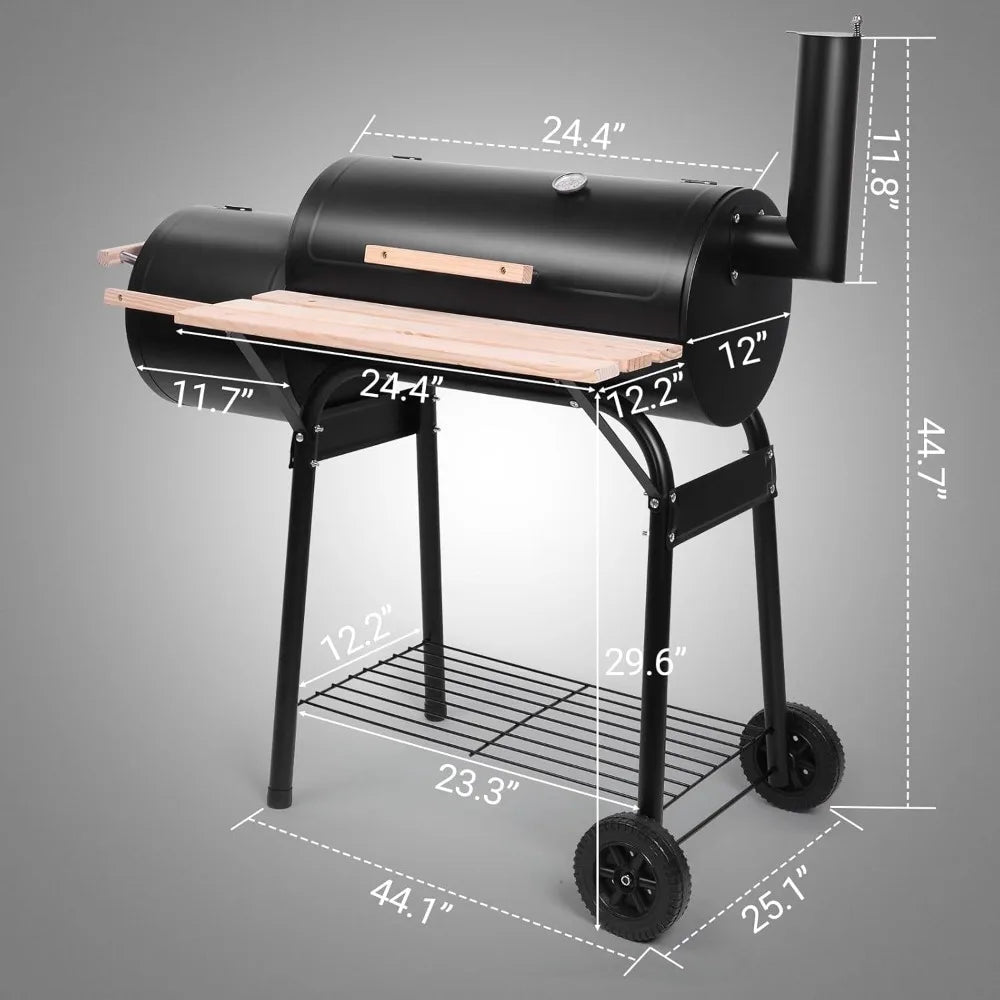 Outdoor BBQ Charcoal Grill with Offset Smoker, Wheels & Tray for Patio, Camping & Parties