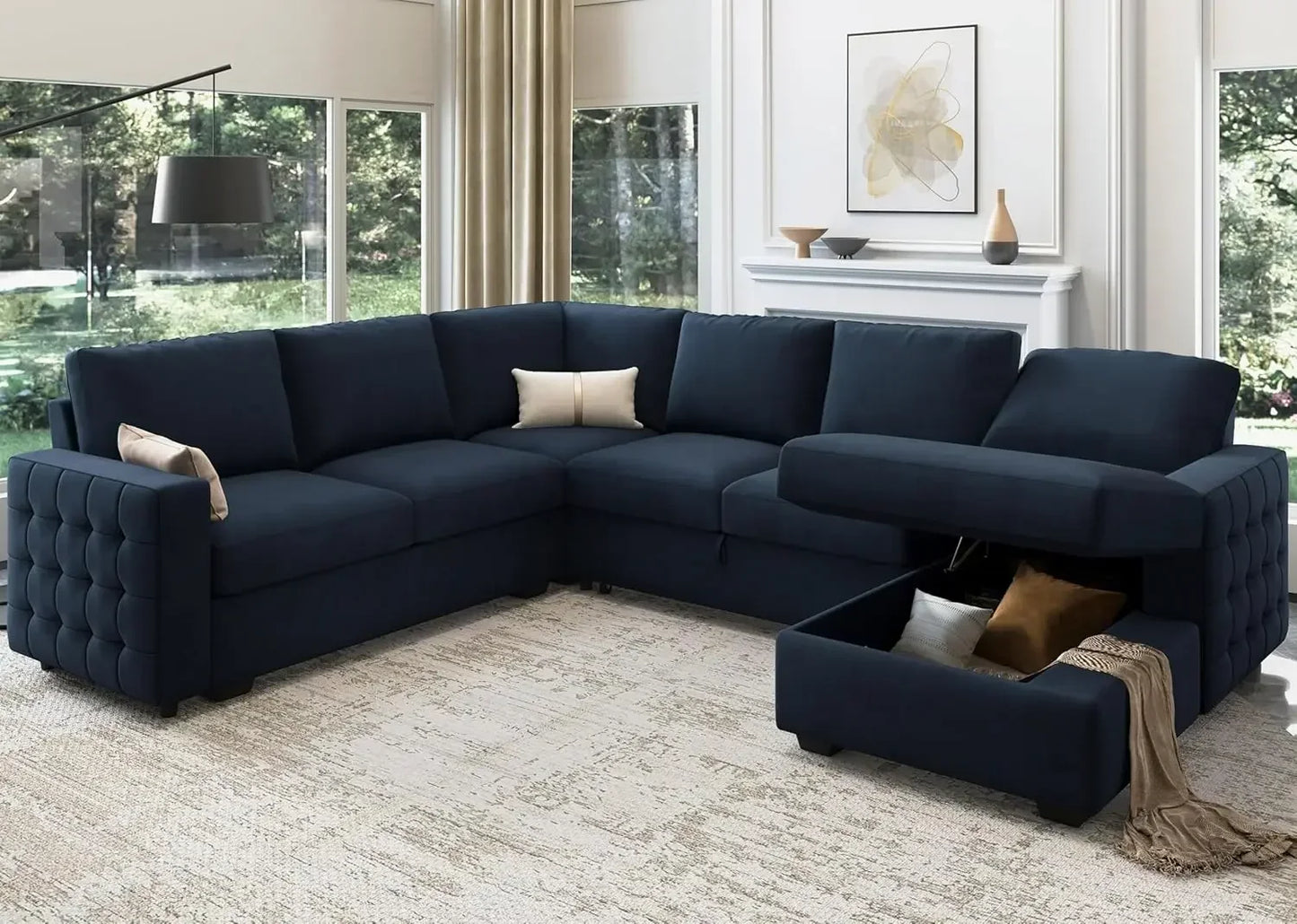 Sectional Sleeper Sofa with Pull Out Bed Lounge Living Room 6 Seater