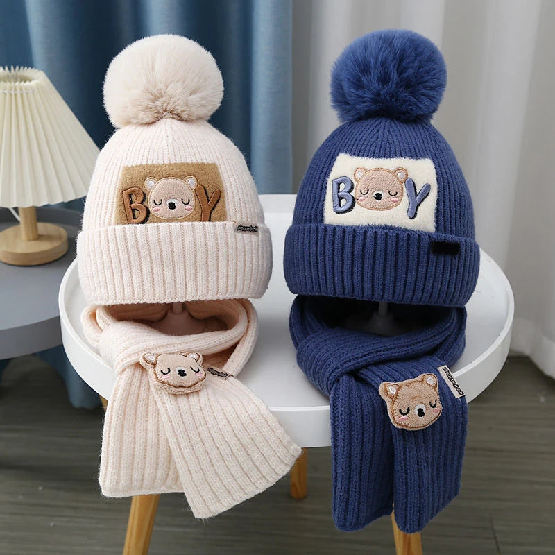 Cute Bear Baby Knit Hat Scarf Winter Warm Woolen Beanie Cap for Kids Boy Girl Cartoon Pullover Hats