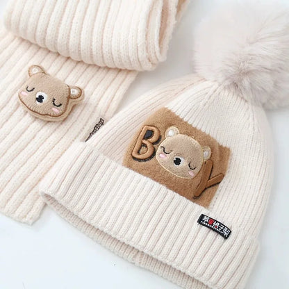 Cute Bear Baby Knit Hat Scarf Winter Warm Woolen Beanie Cap for Kids Boy Girl Cartoon Pullover Hats