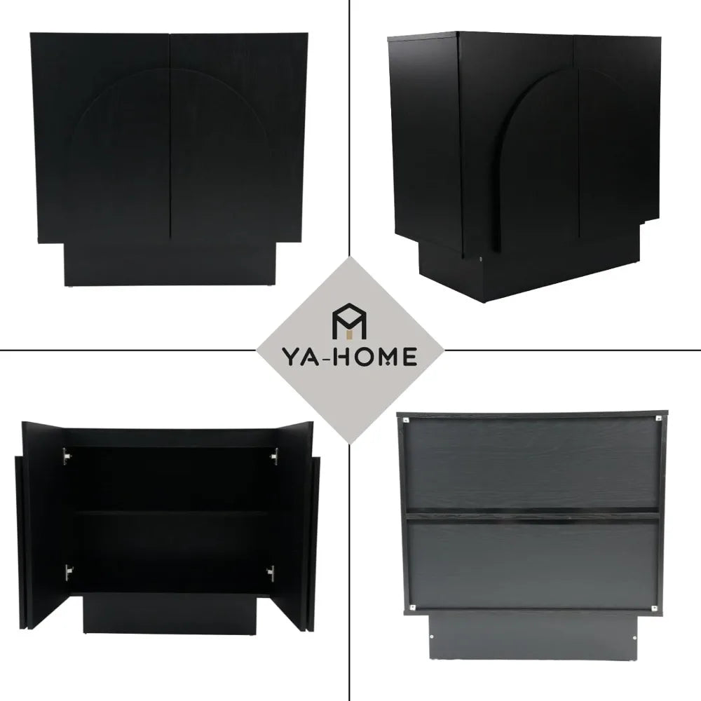 Black Sideboard Buffet Cabinet with Storage, Modern Accent Under The Stairs Cabinet with Arched Doors, Wooden Media Console Tabl