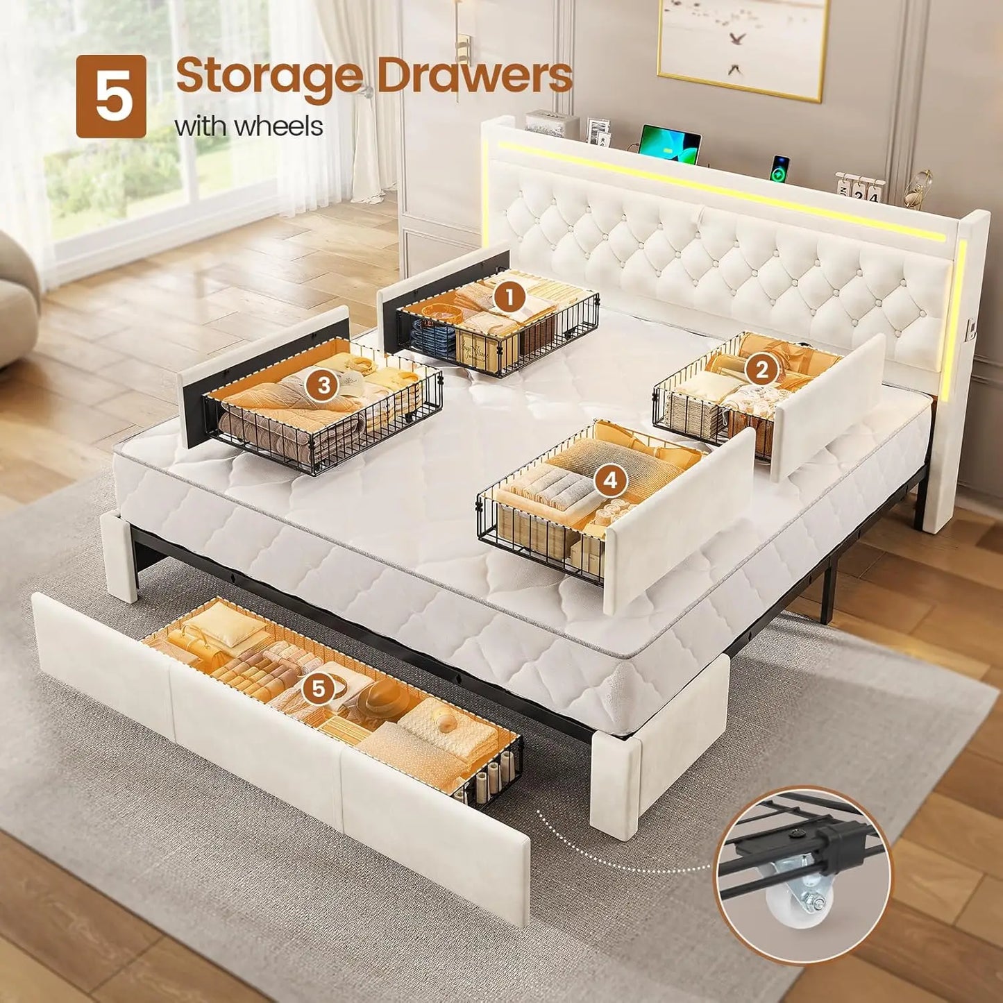 Bed Frame With Drawers Storage & Charging Station