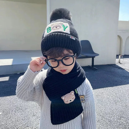 Cute Bear Baby Knit Hat Scarf Winter Warm Woolen Beanie Cap for Kids Boy Girl Cartoon Pullover Hats