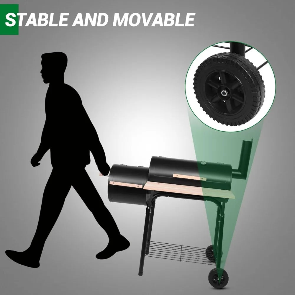 Outdoor BBQ Charcoal Grill with Offset Smoker, Wheels & Tray for Patio, Camping & Parties