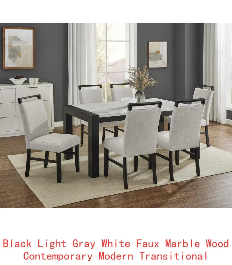 Contemporary 7pc Dining Set with White Faux Marble Rectangular Table and Full Back Upholstered Chairs in Light Gray and Black