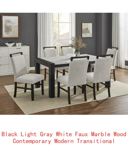 Contemporary 7pc Dining Set with White Faux Marble Rectangular Table and Full Back Upholstered Chairs in Light Gray and Black