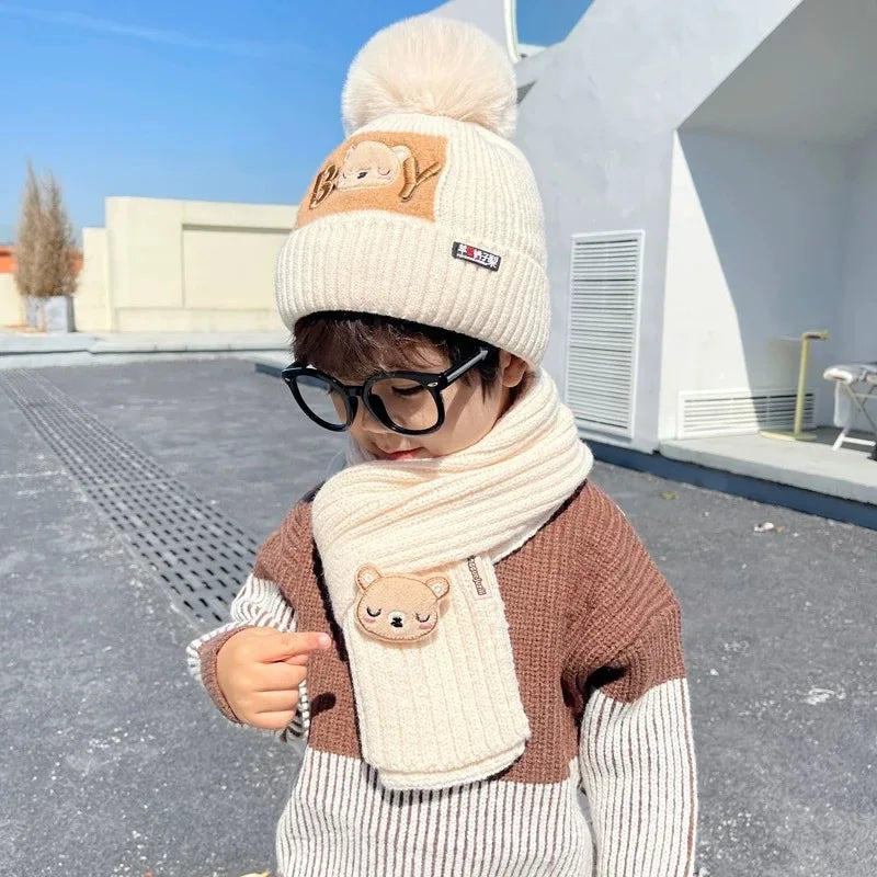 Cute Bear Baby Knit Hat Scarf Winter Warm Woolen Beanie Cap for Kids Boy Girl Cartoon Pullover Hats