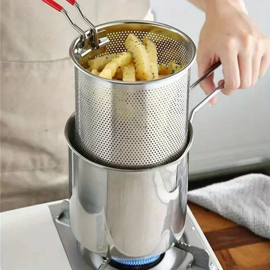 stainless steel fryer with French fries and chicken wings, small oil pot with filter screen