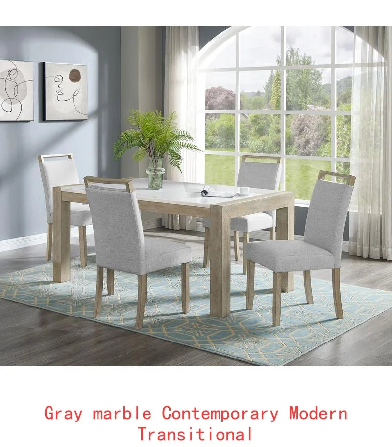 Contemporary 7pc Dining Set with White Faux Marble Rectangular Table and Full Back Upholstered Chairs in Light Gray and Black