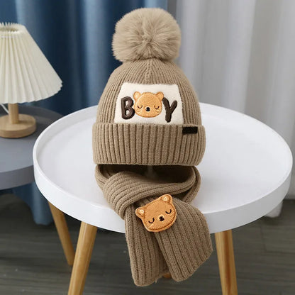 Cute Bear Baby Knit Hat Scarf Winter Warm Woolen Beanie Cap for Kids Boy Girl Cartoon Pullover Hats