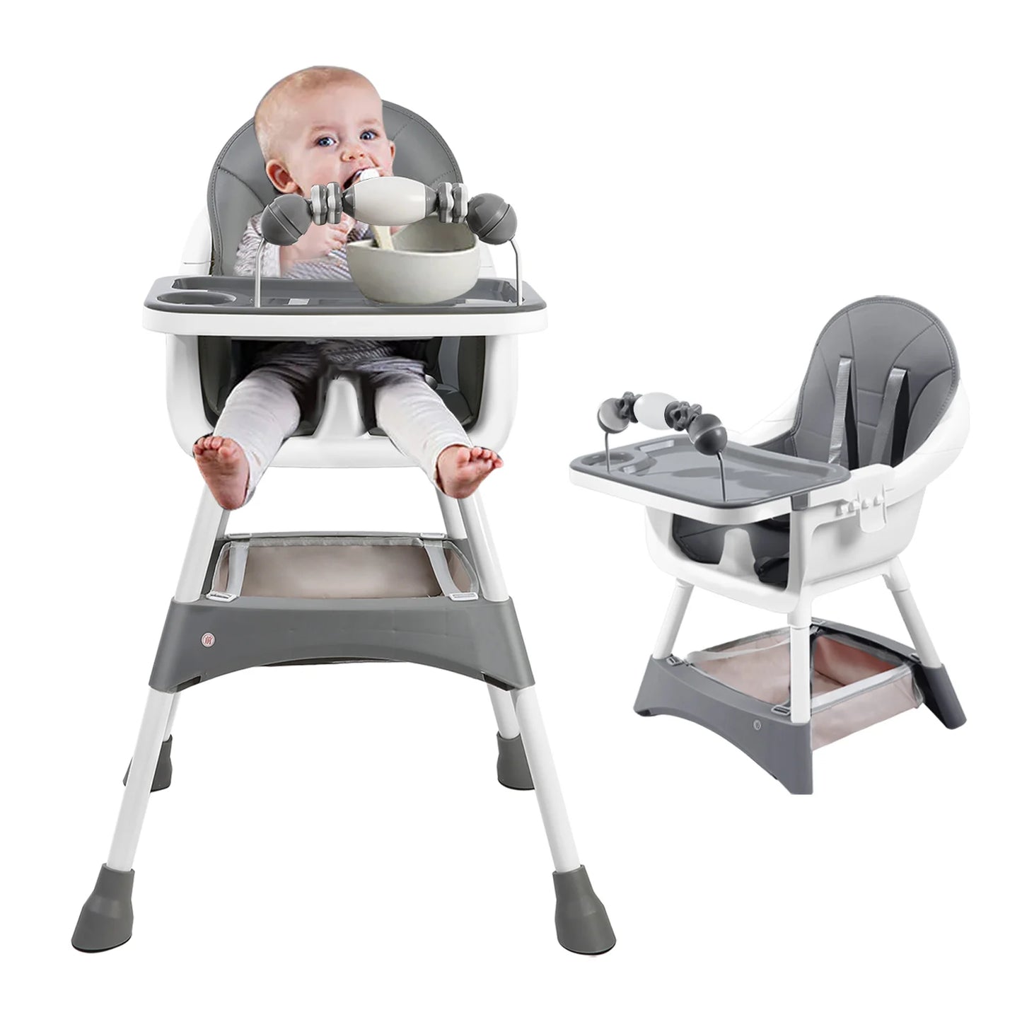 Portable Baby Dining High Chair with Double-Layer Dinner Plate and Toy Rack
