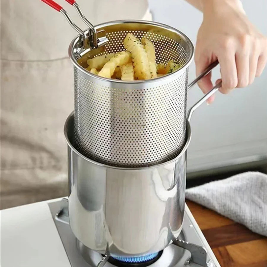 stainless steel fryer with French fries and chicken wings, small oil pot with filter screen