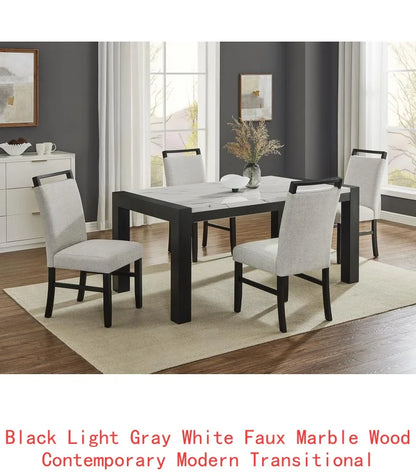 Contemporary 7pc Dining Set with White Faux Marble Rectangular Table and Full Back Upholstered Chairs in Light Gray and Black