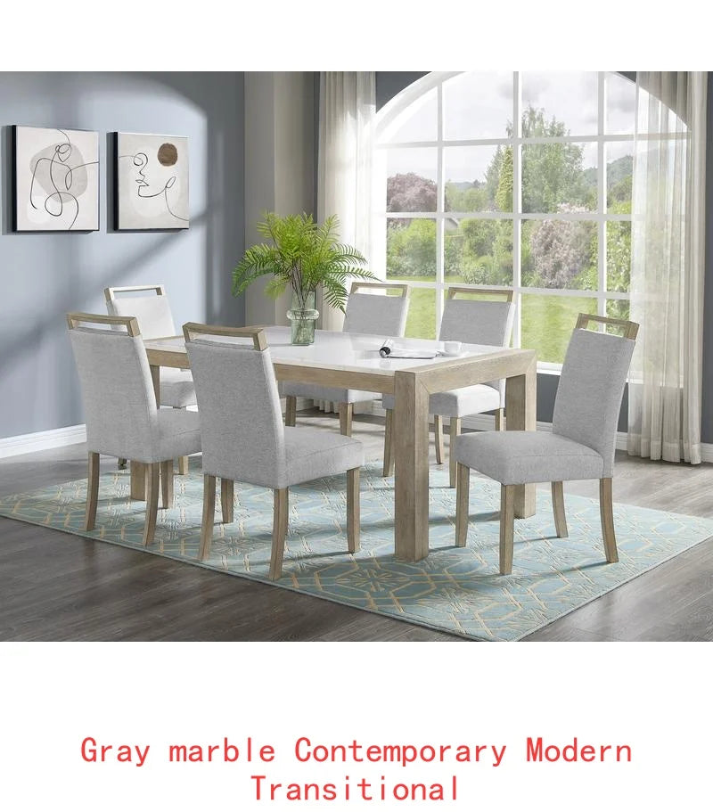 Contemporary 7pc Dining Set with White Faux Marble Rectangular Table and Full Back Upholstered Chairs in Light Gray and Black