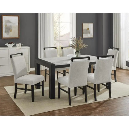 Contemporary 7pc Dining Set with White Faux Marble Rectangular Table and Full Back Upholstered Chairs in Light Gray and Black