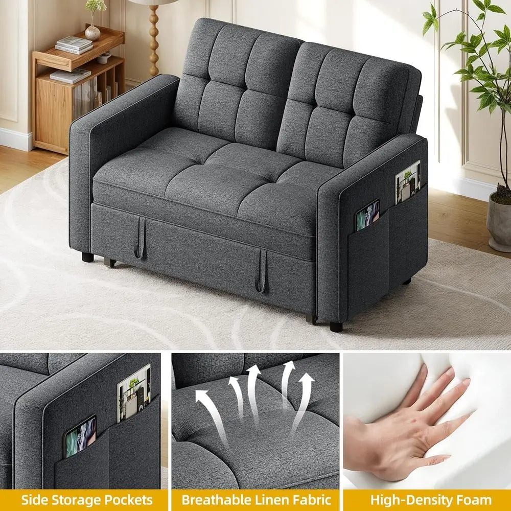 3-in-1 Sofa Bed with Reclining Backrest, Side Pocket, Pullout Sleeper