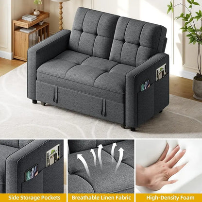 3-in-1 Sofa Bed with Reclining Backrest, Side Pocket, Pullout Sleeper