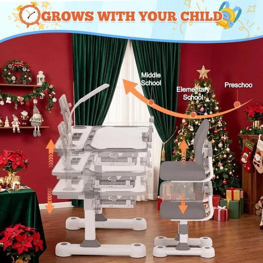 Adjustable Kids Desk Chair Set with LED Light