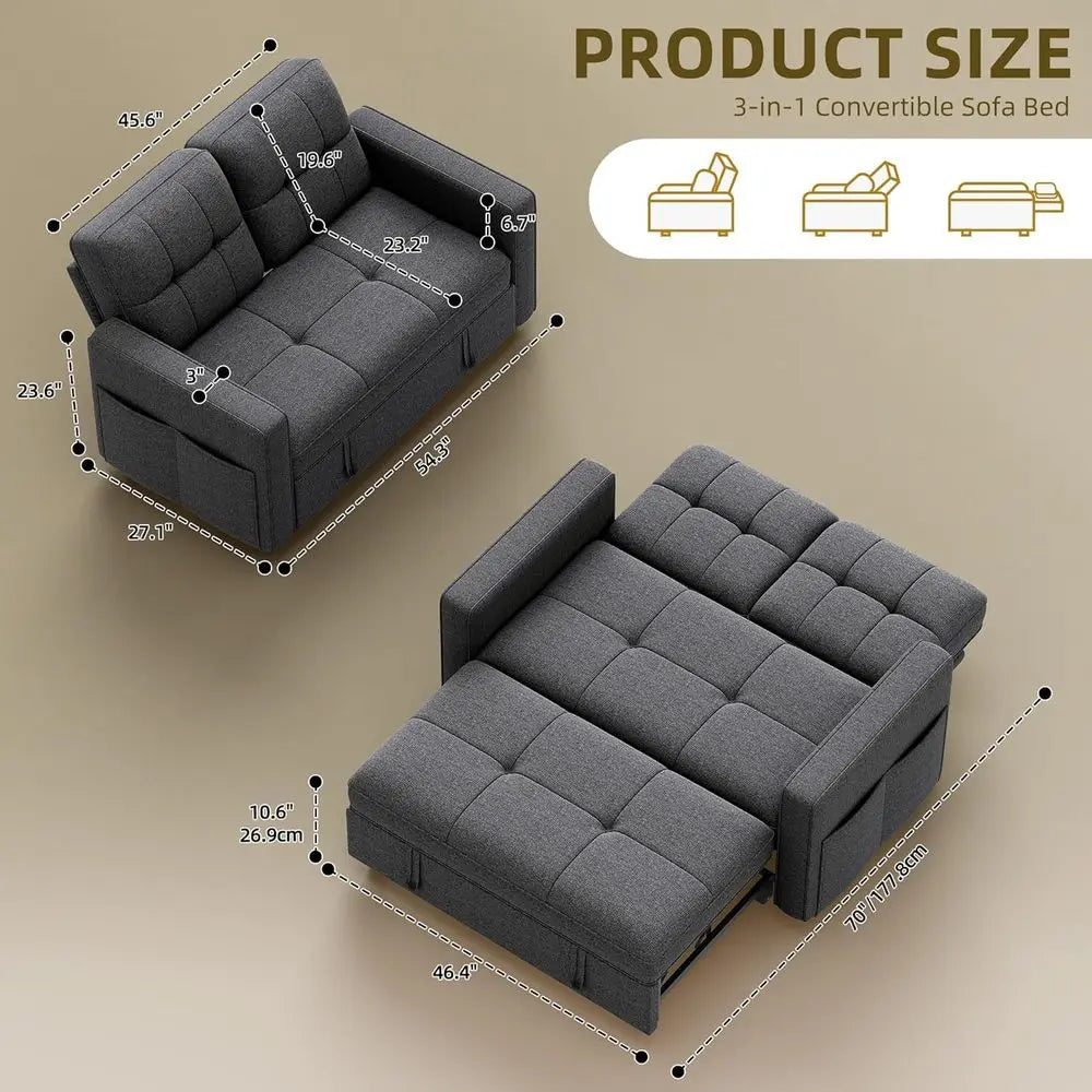 3-in-1 Sofa Bed with Reclining Backrest, Side Pocket, Pullout Sleeper
