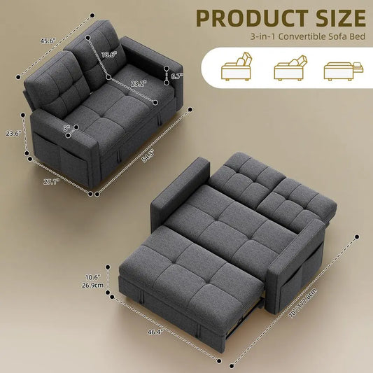 3-in-1 Sofa Bed with Reclining Backrest, Side Pocket, Pullout Sleeper