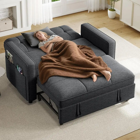 3-in-1 Sofa Bed with Reclining Backrest, Side Pocket, Pullout Sleeper
