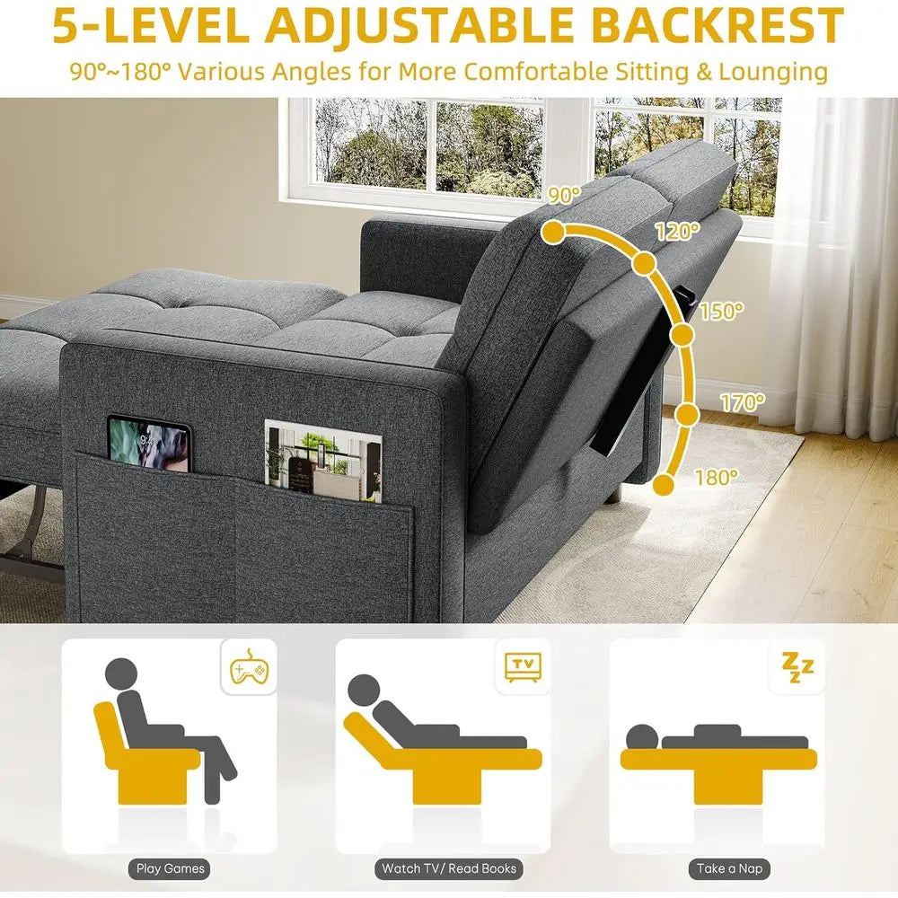 3-in-1 Sofa Bed with Reclining Backrest, Side Pocket, Pullout Sleeper