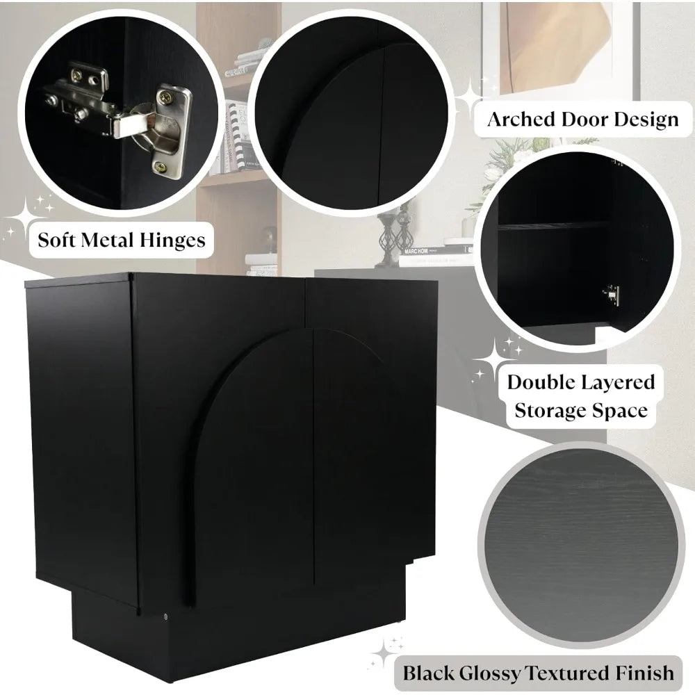 Black Sideboard Buffet Cabinet with Storage, Modern Accent Under The Stairs Cabinet with Arched Doors, Wooden Media Console Tabl