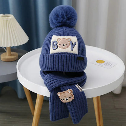Cute Bear Baby Knit Hat Scarf Winter Warm Woolen Beanie Cap for Kids Boy Girl Cartoon Pullover Hats