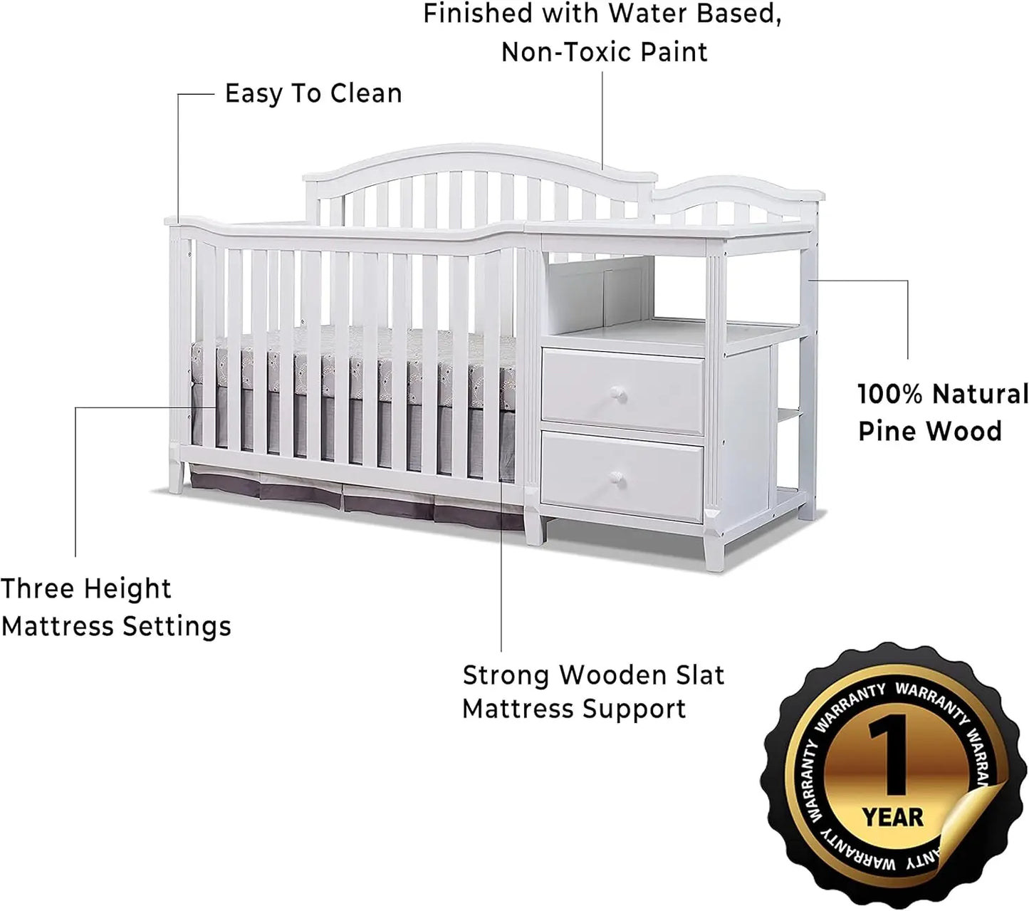 Crib and Changer with Slat Panel Back Classic -in- Convertible Diaper Changing Table