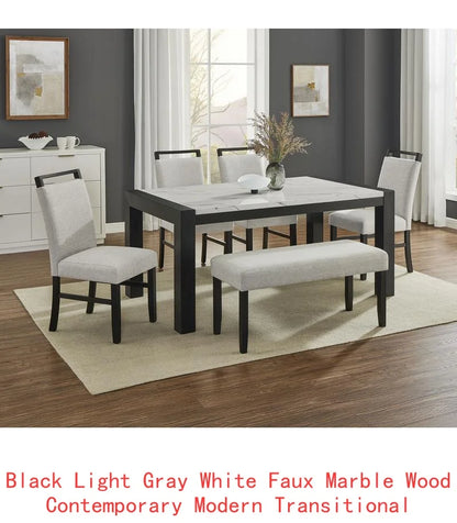 Contemporary 7pc Dining Set with White Faux Marble Rectangular Table and Full Back Upholstered Chairs in Light Gray and Black