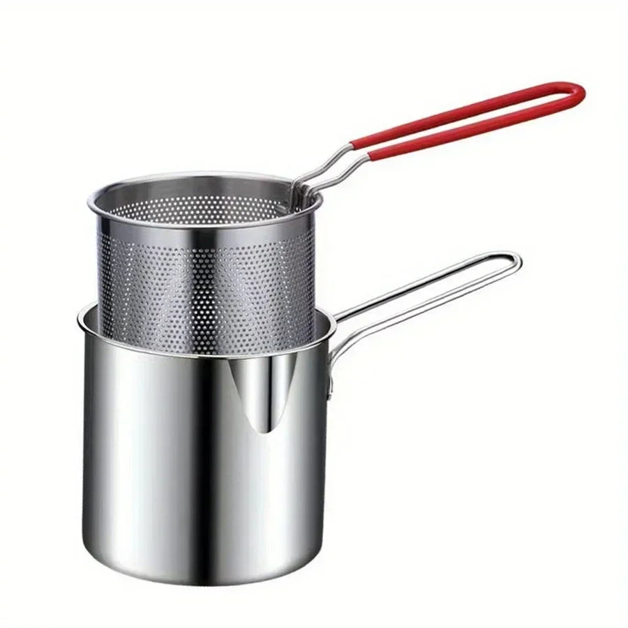 stainless steel fryer with French fries and chicken wings, small oil pot with filter screen