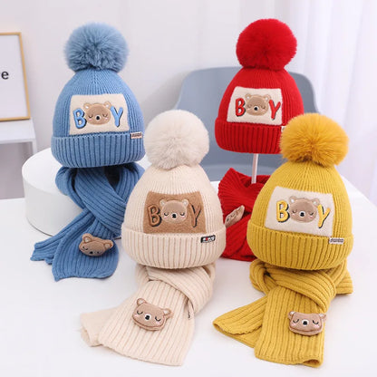 Cute Bear Baby Knit Hat Scarf Winter Warm Woolen Beanie Cap for Kids Boy Girl Cartoon Pullover Hats