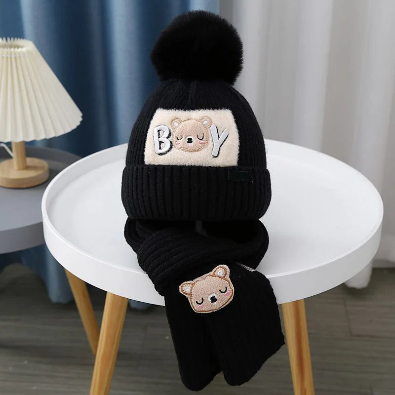 Cute Bear Baby Knit Hat Scarf Winter Warm Woolen Beanie Cap for Kids Boy Girl Cartoon Pullover Hats