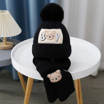 Cute Bear Baby Knit Hat Scarf Winter Warm Woolen Beanie Cap for Kids Boy Girl Cartoon Pullover Hats