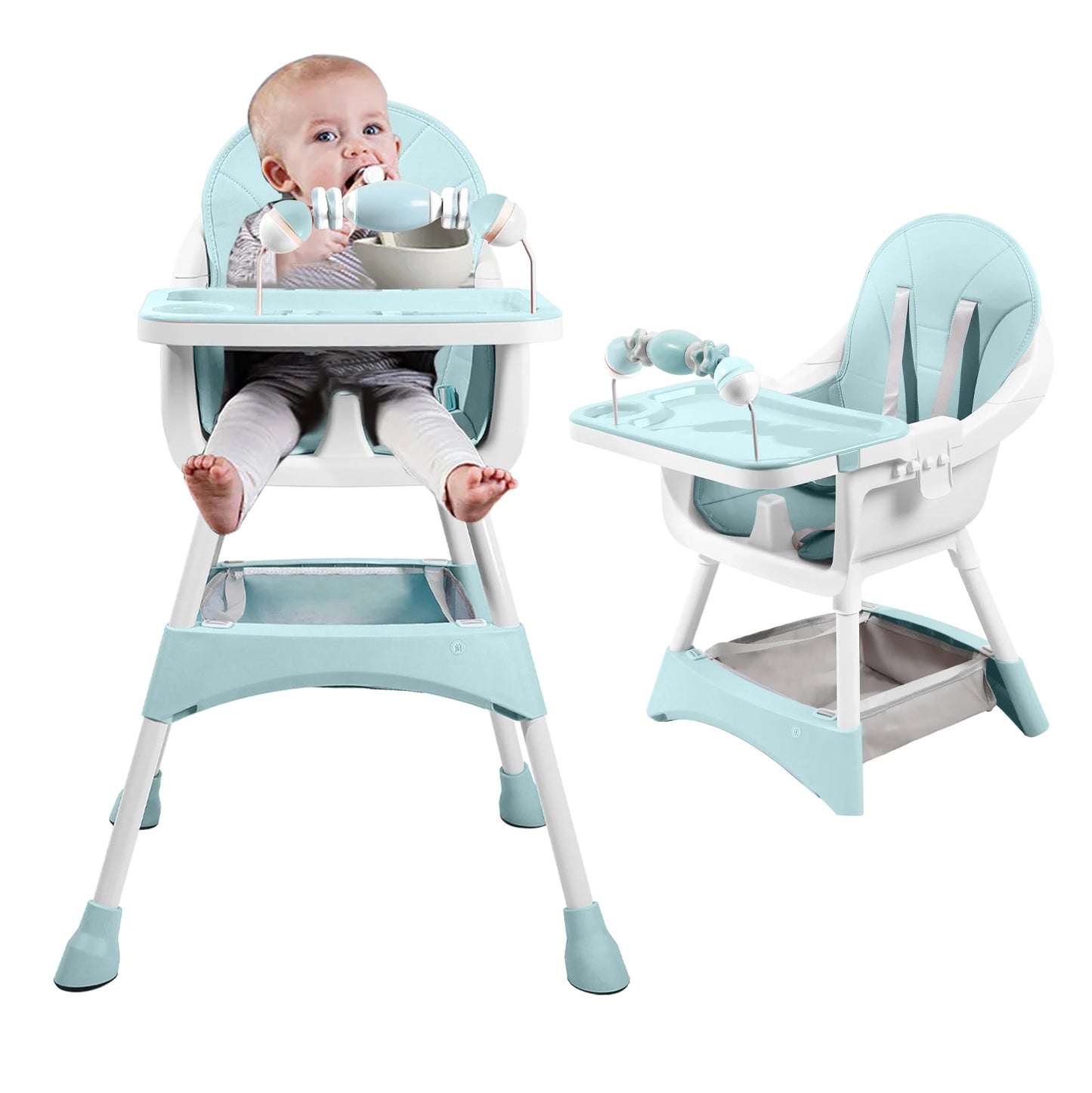 Portable Baby Dining High Chair with Double-Layer Dinner Plate and Toy Rack