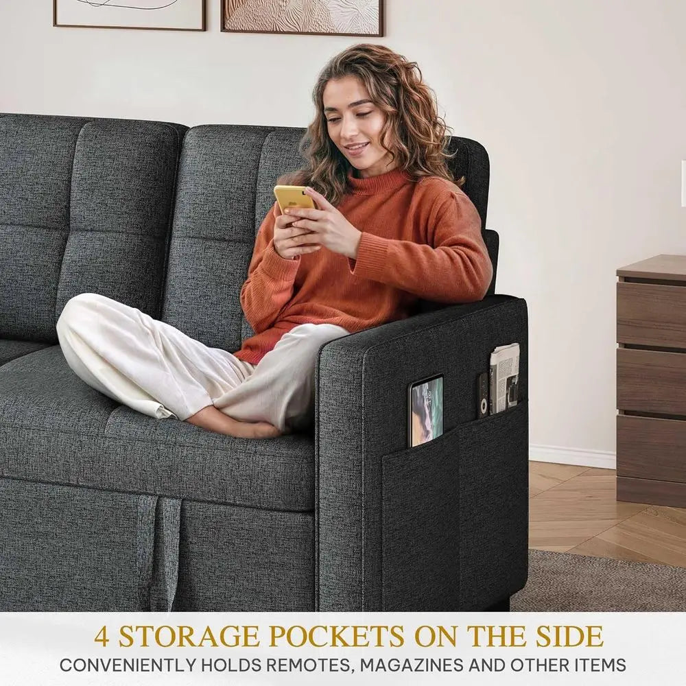 3-in-1 Sofa Bed with Reclining Backrest, Side Pocket, Pullout Sleeper