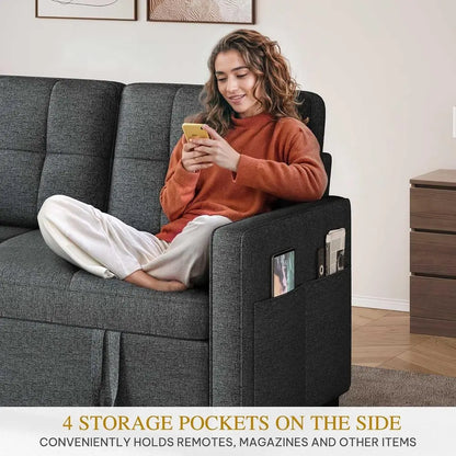 3-in-1 Sofa Bed with Reclining Backrest, Side Pocket, Pullout Sleeper