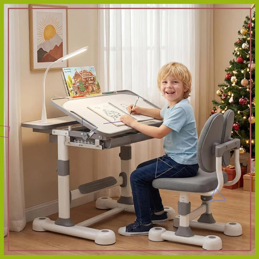 Adjustable Kids Desk Chair Set with LED Light