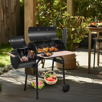 Outdoor BBQ Charcoal Grill with Offset Smoker, Wheels & Tray for Patio, Camping & Parties