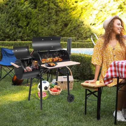 Outdoor BBQ Charcoal Grill with Offset Smoker, Wheels & Tray for Patio, Camping & Parties
