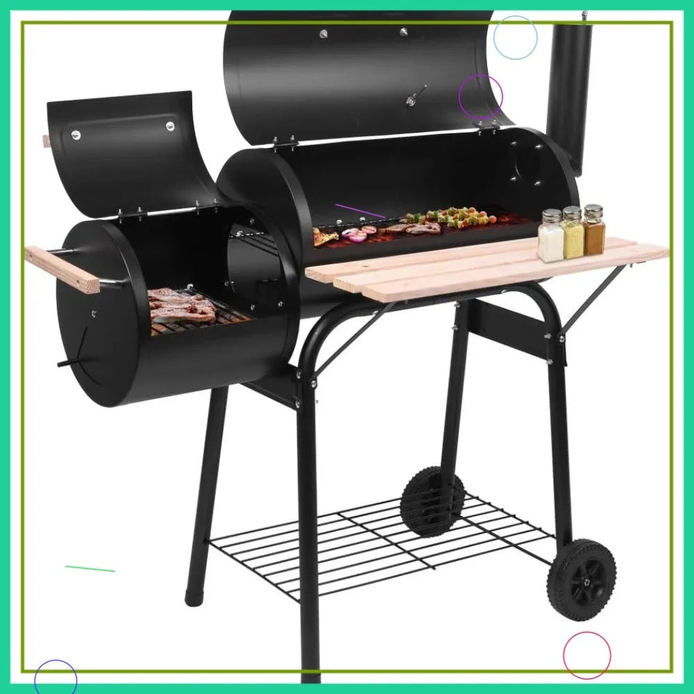 Outdoor BBQ Charcoal Grill with Offset Smoker, Wheels & Tray for Patio, Camping & Parties